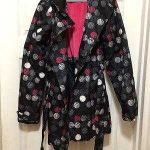 London Fog raincoat size 16 Girls black w/hot pink , grey, white